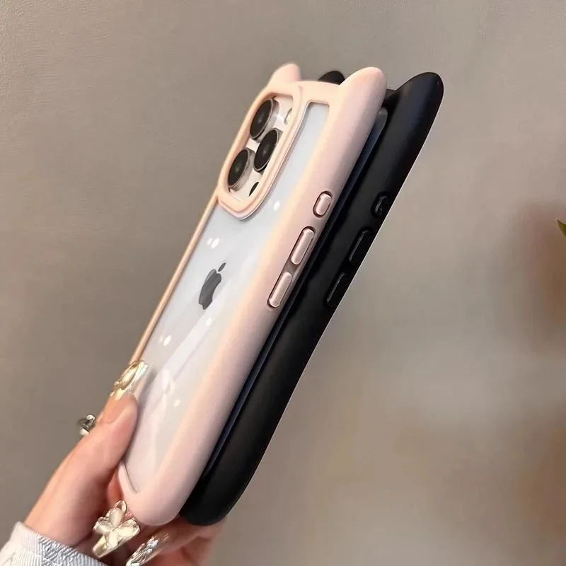 Weiche Silikon-Handyhülle mit niedlichen Katzenohren für iPhone 15, 14, 13, 12, 11, Profi Max, transparent, stoßfest, harte Acryl-Stoßstangen-Rückseite