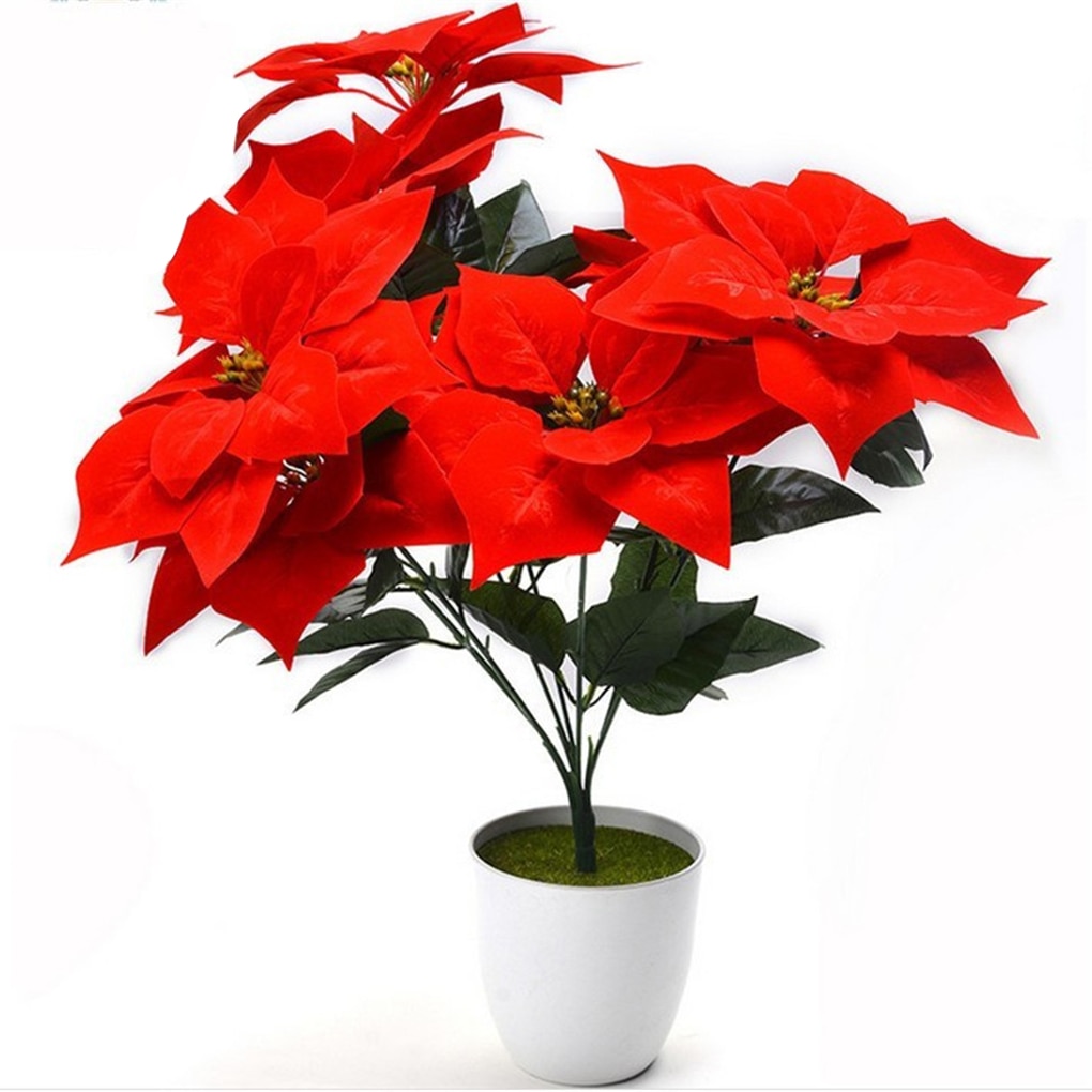 Artificial Poinsettia Flower Big Red Flowers Head Bouquet Red Poinsettia Bushes Bouquets Christmas Tree Ornaments: 6-branch