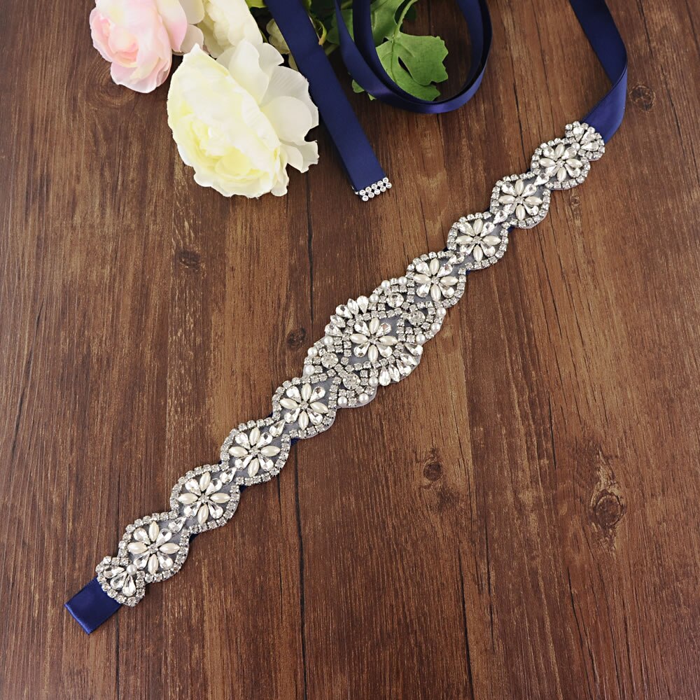 S161-S Luxe Bruid Jurk Riemen Met Strass Bruids Bruiloft Accessoires Riem Voor Vrouwen Trouwjurk Parel Riem Formele Riemen: navy blue