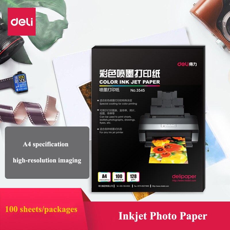 100pcs/bag Deli 3545 color ink jet paper 128g A4 photo paper 210x297mm color inkjet printing paper Matt one-side Photo Paper