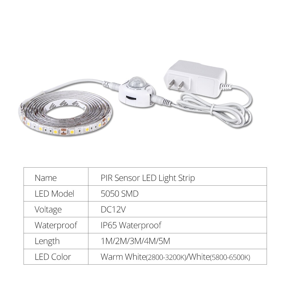 Motion Sensor LED Under Cabinet Light 1m 2m 3m 4m 5m 12V Flexible PIR Night Light Kitchen Wardrobe Bed Lighting