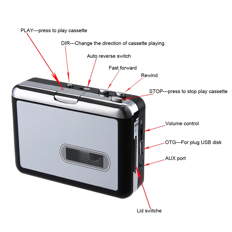Usb cassette tape, music audio player to  mp3- converter, usb cassette player, capture recorder to usb flash drive, no pc required