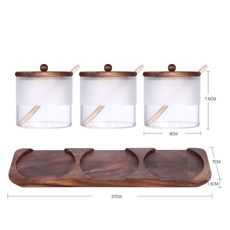 KKC en casa de cristal Set de tarros de condimento de pimienta y sal condimento olla azúcar golpe contenedor de almacenamiento de madera con fondo cuchara y cubierta de madera