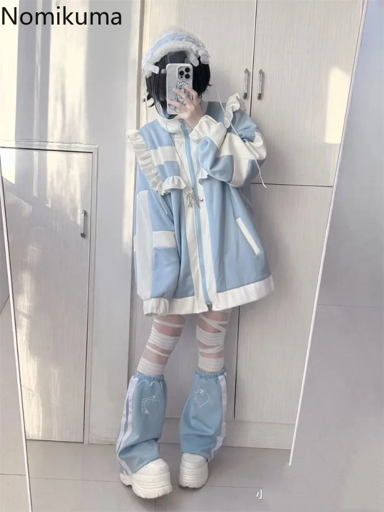 Japanischer Mantel für Damen, Patchwork, langärmelig, übergroß, Oberbekleidung, Y2k-Spitzen, Adrette, lässige , Rüschen, Lolita, Y2k-Jacken