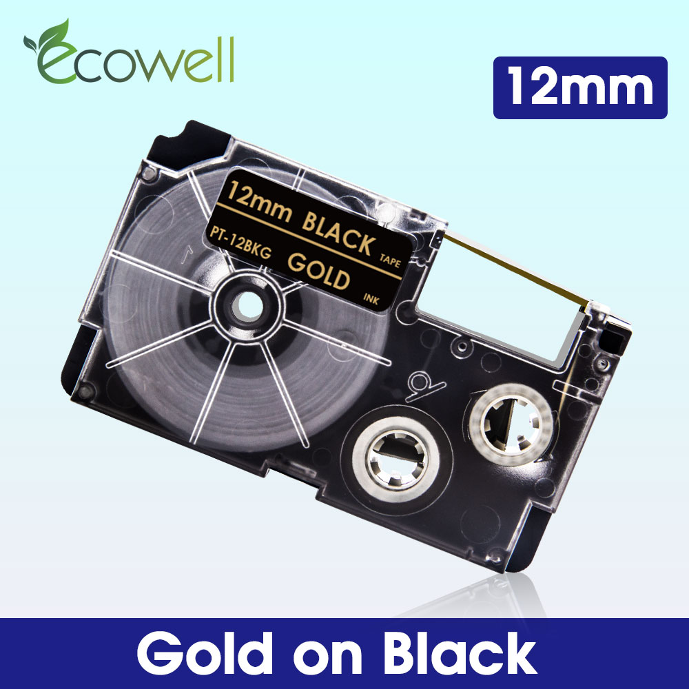 Ecowell 18Colors XR-12WE For Casio 12mm XR 12WE XR-12X XR-12RD XR-12BU XR-12YW XR-12GN label tape for Casio KL-60 KL-120 printer: Gold on Black