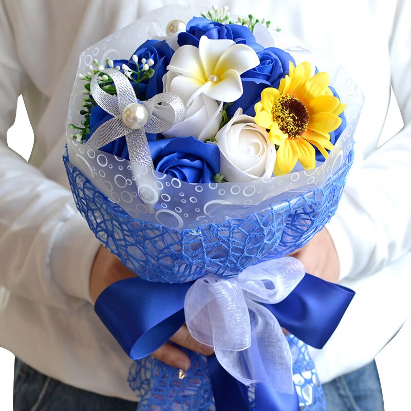 Kyunovia Zeep Bloem Boeket Zonnebloem Bloemen Boeket Cadeaus Heronsbill Bruidsboeket Bruiloft Bloemen Keepsake Boeket FE37: As Pictures Blue