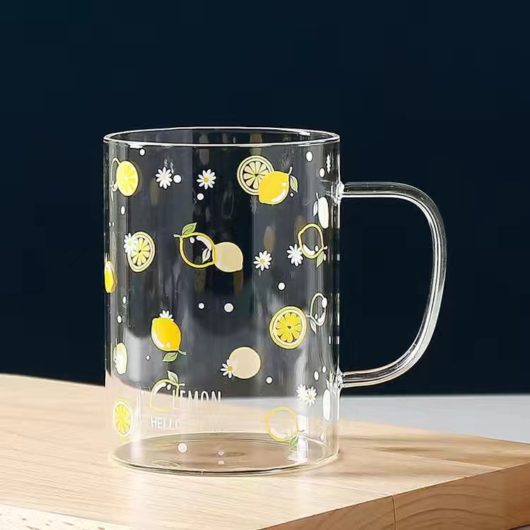 500ml glas vattenkopp mugg kontor kaffekopp hem vinglas söt frukt tryck silikon kopp lock #39 kopp porslin: Citron kopp