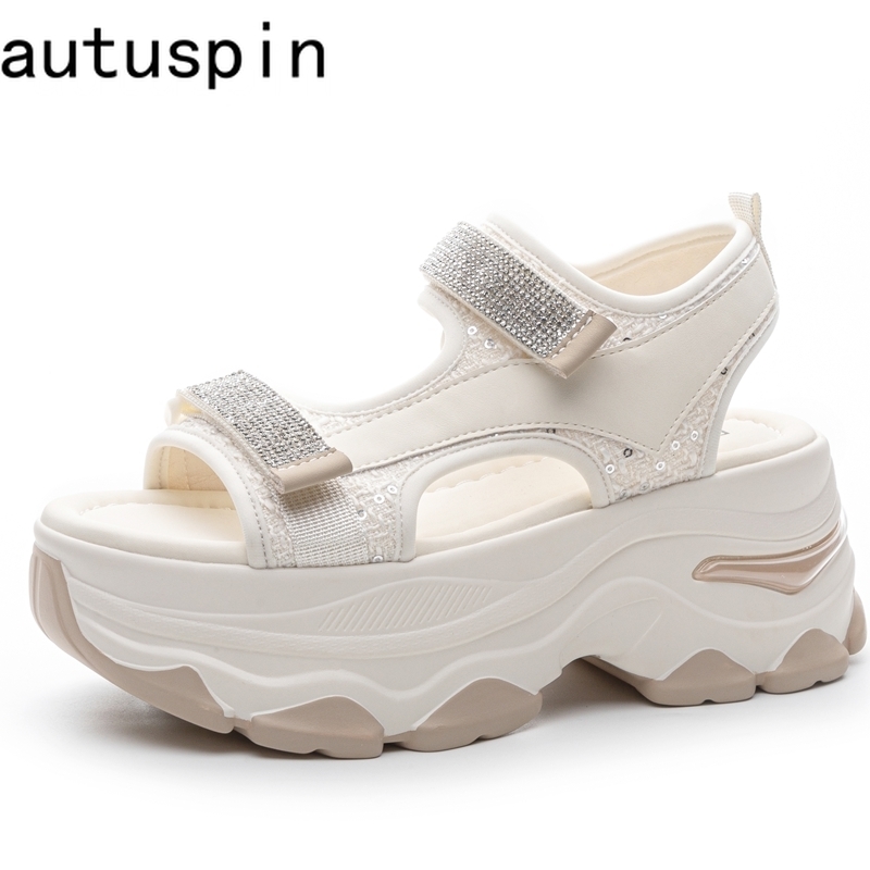 AUTUSPIN 7 cm Dicke Sohlen Sandalen für Frauen Rom Stil Wohnungen Plattform Weibliche Schuhe Sommer Kristall klobig Fersen Sandale
