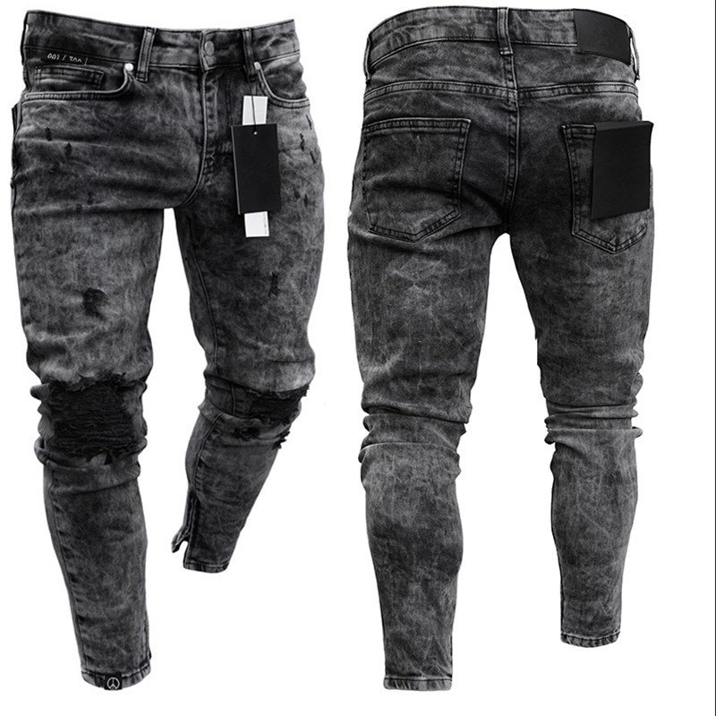 Men vintage Black Slim Fit Stretch Ripped skinny Jean zipper street jogging Motorcycle casual jeans pants