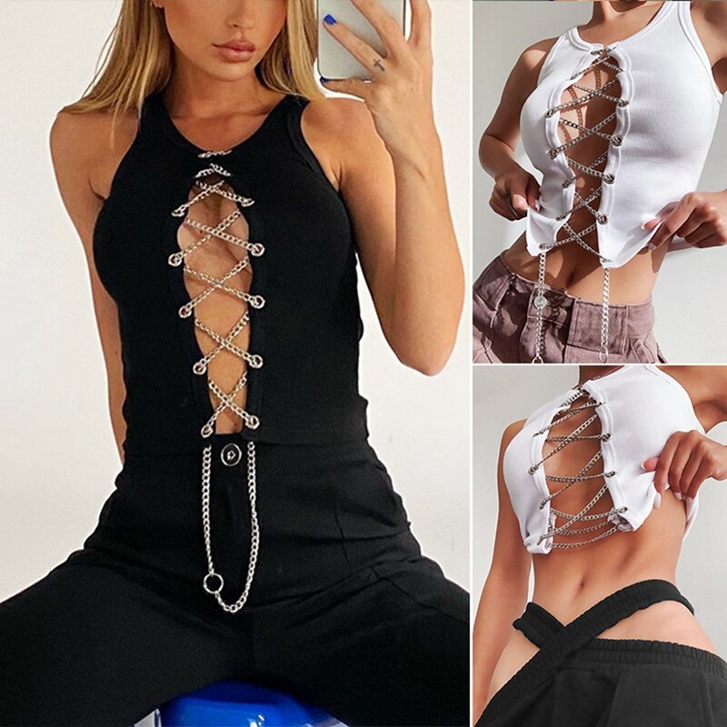 Top ajustado con cadena de Metal para mujer, Top de encaje, ropa de calle, camisetas sin mangas acanaladas