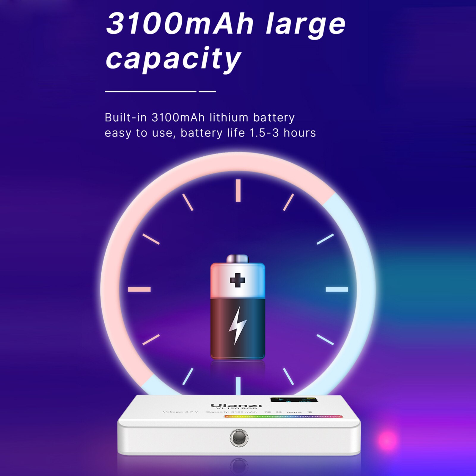 Ulanzi VL120 RGB Compact Video Light with Display Screen Diffuser Mini Camera RGB Light Smartphone Selfie Lighting 3100mAh