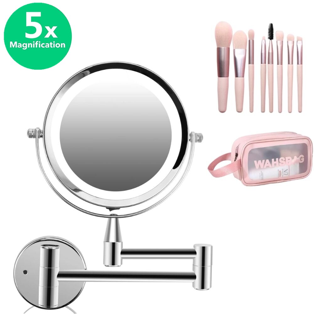 Led Dubbelzijdig Vergrootglas Make-Up Spiegel, 6.0 "15Cm Diameter 1X/5X Verstelbare Wandmontage 360 Roterende Uitschuifbare Draaibare Spiegel: With Gift