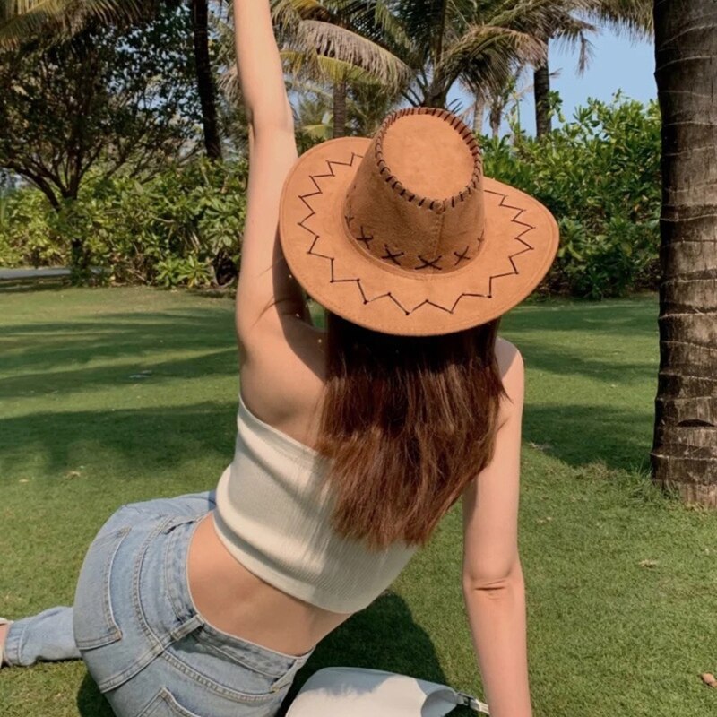Retro Jazz Hat Wide Brim Trendy Basin Hat Unisex Vintage Western Cowboy Hat All-match Outdoor Sun Protection for Men Women
