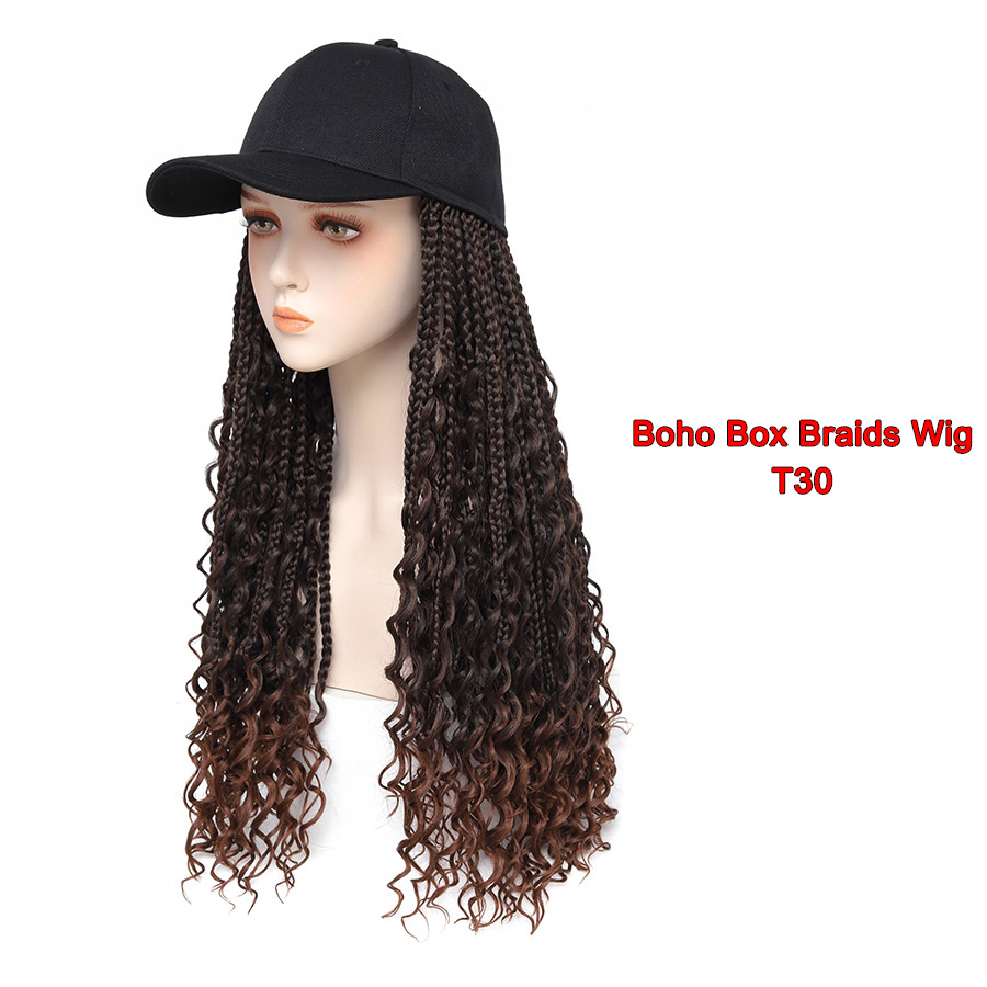 TOMO-gorra de béisbol con extensiones de pelo de ganchillo para mujer, sombrero ajustable con peluca sintética, trenzas de caja rizadas adjuntas: T1B / 30 / 14 pulgadas