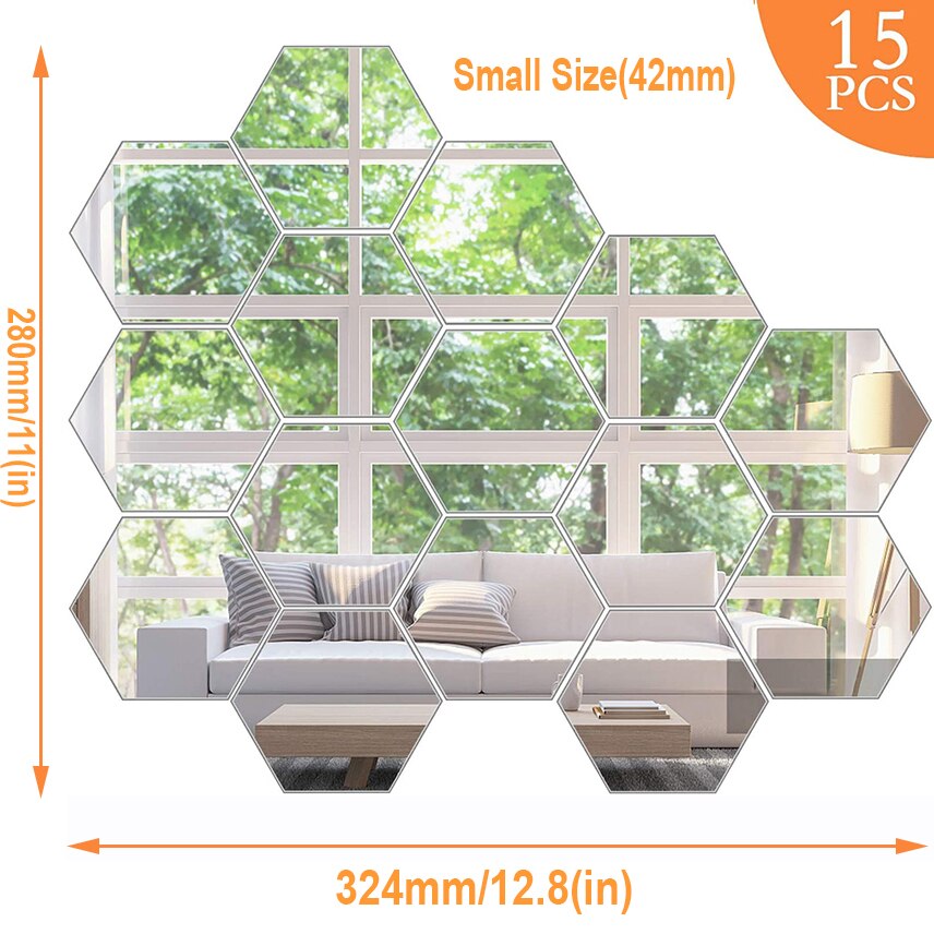 15 stk / sæt spejl væg klistermærker ikke glas spejl plast spejl 3d sekskant akryl spejl væg indretning selvklæbende fliser: 15 stk. lille størrelse