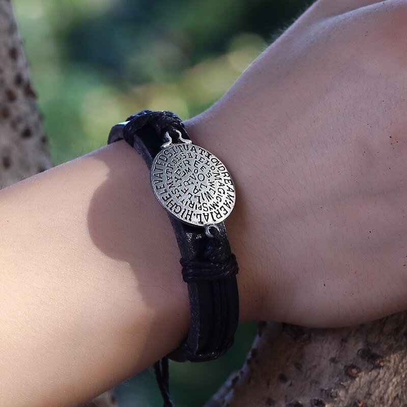 Zwarte Ronde Legering Retro Vintage Etnische Casual Handgemaakte Geweven Lederen Armbanden Mannen Vrouwen Sieraden Accessoires