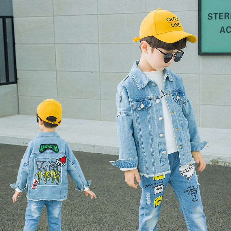 Letters Mode Jongens Denim Jas Katoen Kinderen Jean Coat Katoen Cowboys Kinderkleding