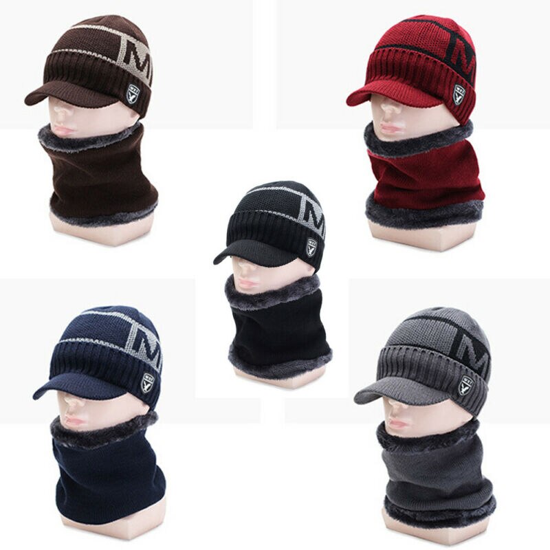 Menn kvinner termisk fleece foret lue lue varm strikket vinter ski lokk strikket hals varme 2 stk