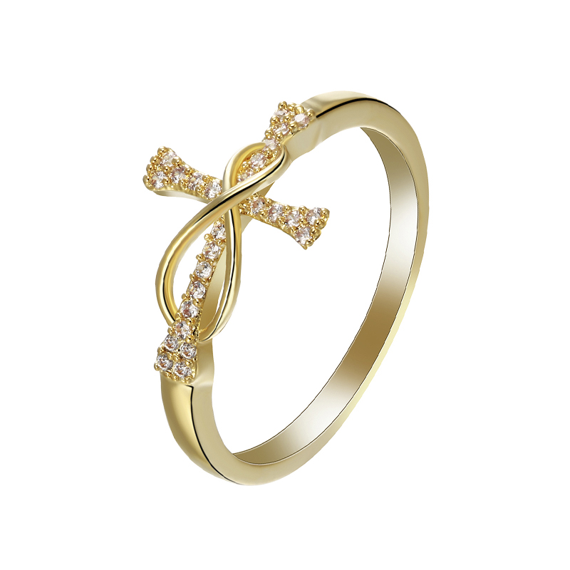 Classic Gold Color Cross Inlay White Crystal Rhinestone Finger Ring Women Engagement Wedding Party Jewelry Size 6 7 8 9 10 11: 6