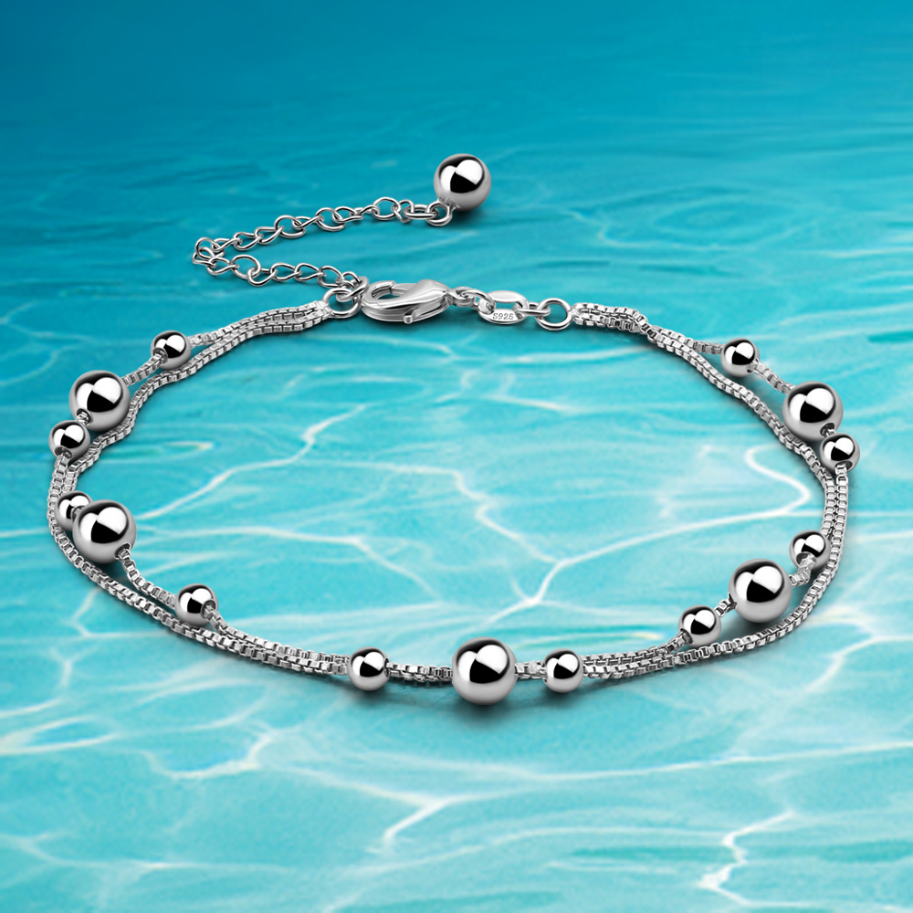 Pulsera de tobillo de campana de plata esterlina 925 para mujer, joyería de pie de pierna de doble línea, tobilleras simples con abalorio de playa bohemio, accesorios de