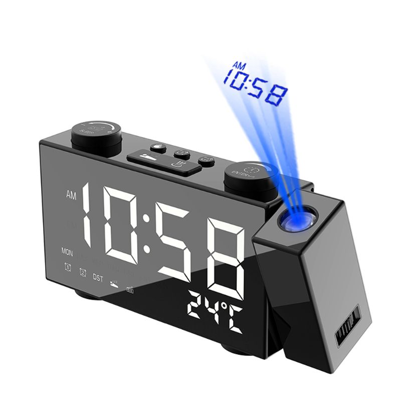 LED Digital FM Radio Projection Alarm Clock Snooze Timer Temperature Display with USB Charge Cable Home Decor