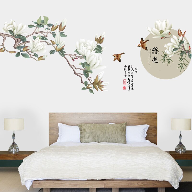 Chinese Stijl Magnolia Woonkamer Decoratie Vinyl Muursticker DIY Bloem Studeerkamer Home Decor Poster Art