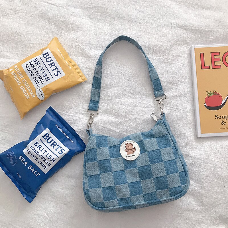 Vrouwen Denim Hobos Handtassen Eenvoudige Plaid Dames Schouder Onderarm Zakken Kleine Draagbare Vrouwelijke Portemonnees Telefoon Pouch