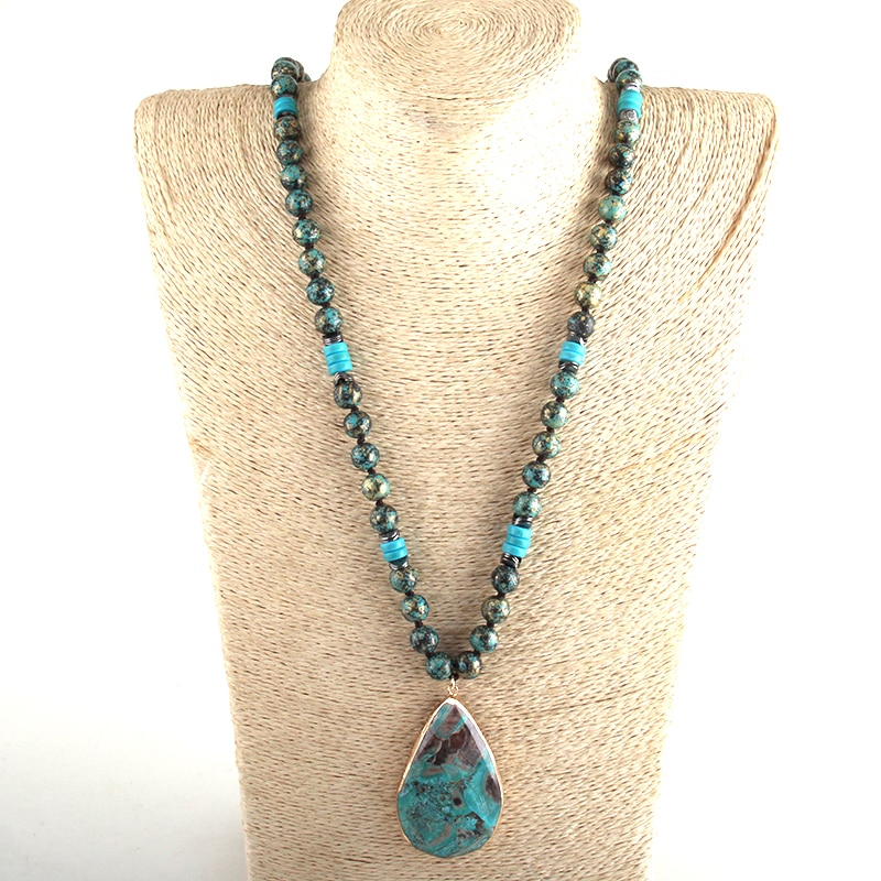 Rh Boho Sieraden 10Mm Ccb Bead Lange Geknoopt Met Semi Precious Hanger Kettingen Vrouwen Bohemen Ketting