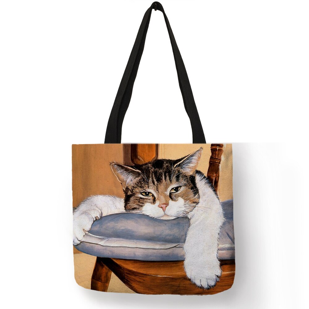 Eco Linnen Herbruikbare Boodschappentas Met Olie Kat Schilderen Vrouwen Mode Tote Bag Handtassen Student Reizen Schooltassen: 002