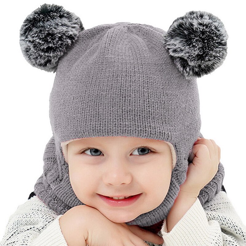 Autumn Winter Children Hats Pom Pom Ball Hat Kids Beanies Cap Girls Boys Warm Wool Hooded Hat Baby Scarves Toddler Caps: gray