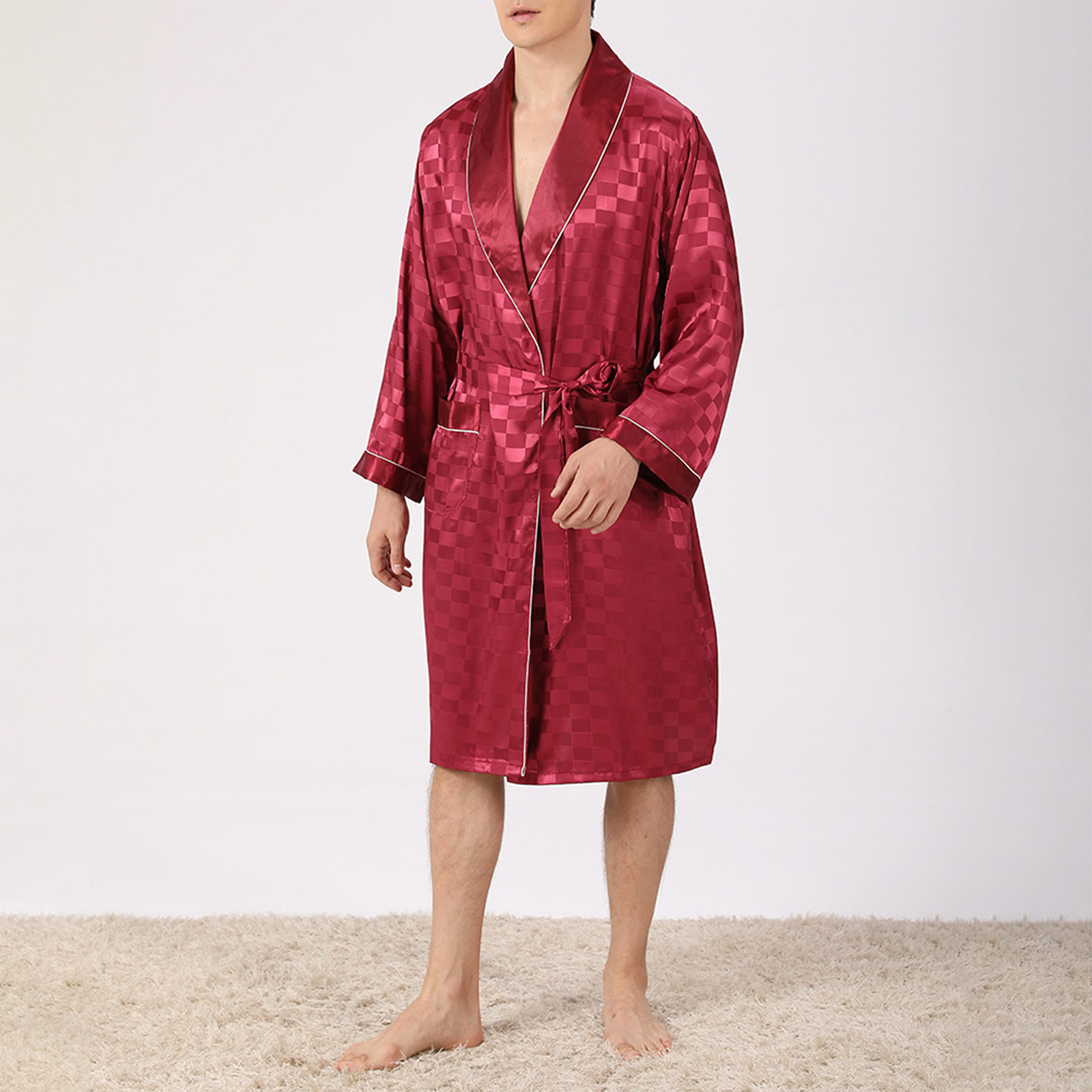 Peignoir Jacquard à Carreaux pour Homme, Ensemble Kimono à Manches sulfavec Ceinture et Short, Tenue de Pyjama Doux, Été: XXL / BLEU CIEL