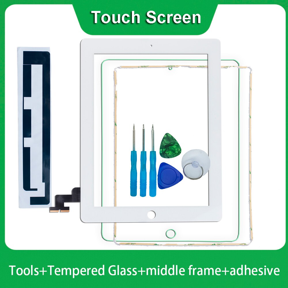100% Voor Ipad 2 A1395 A1396 A1397 Touch Screen Digitizer Sensor Glas Panel Met Midden Frame + Adhesivetools + gehard Glas +
