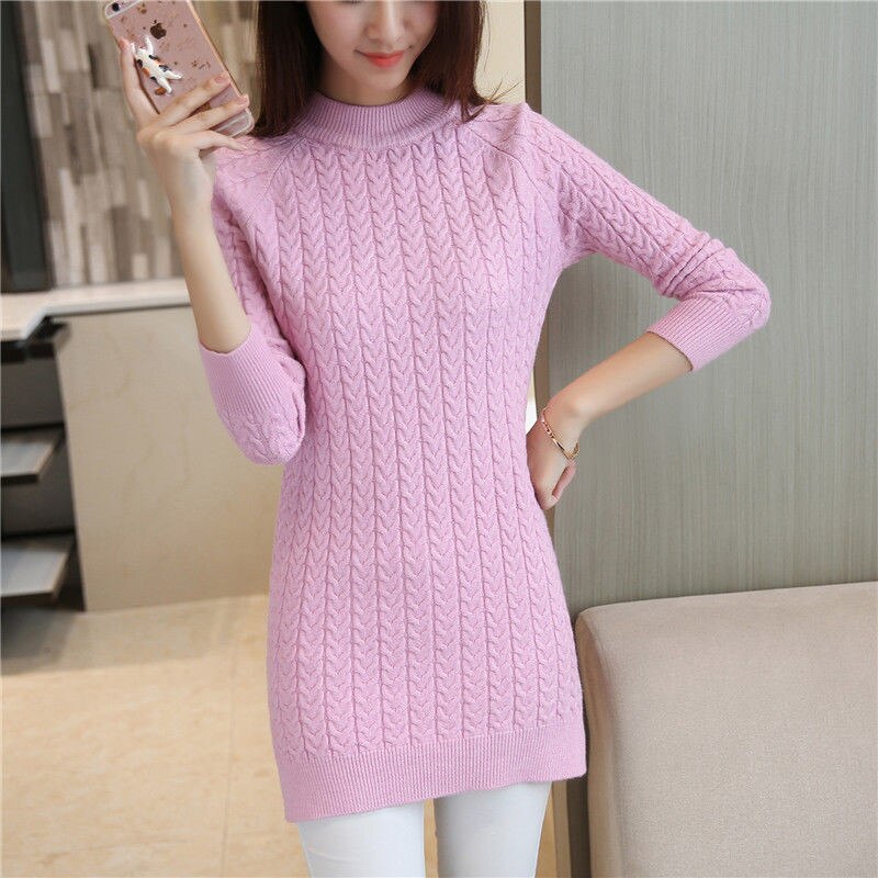 Pull-over mi-long tricoté pour femme, couleur unie, Slim, grande taille, automne hiver, , hauts 125: Pink / M