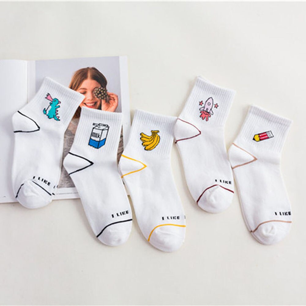 Women Socks Cartoon White Cute Banana Milk Dinosaur Cotton Warmth Long Socks Cute Funny Illustration Letter Socks