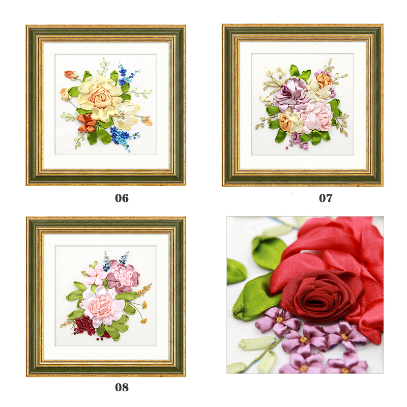 Peonía flor kit de bordado de cinta varios cuadros de pintura artesanía DIY a mano costura decoración atística de pared 7 patrones