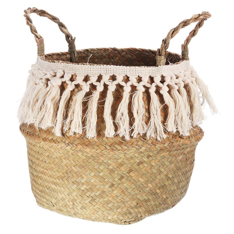 Handmade Home Decor Macrame Tassel Wicker Basket Seagrass Garden Flower Pot Foldable Laundry Storage Rattan Basket Toy Holder: M 27 x 24 cm