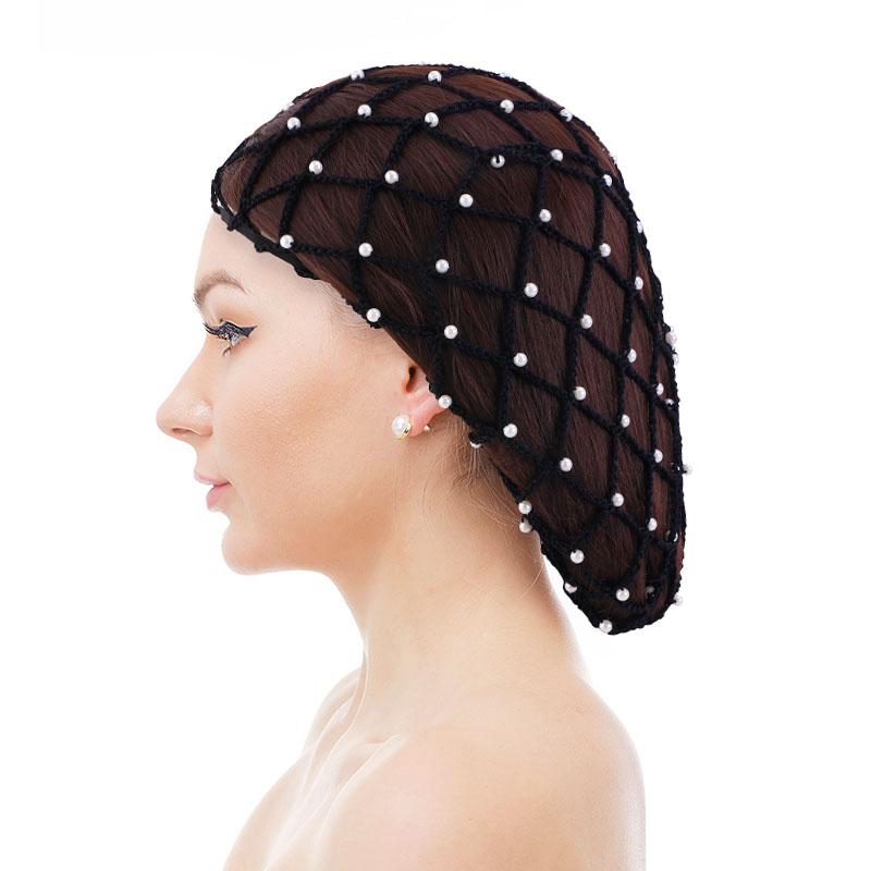 Rayon Hair Net Beaded Pearl Crochet For Women Solid Color Elastic Snood Casual Ladies Hair Accessories
