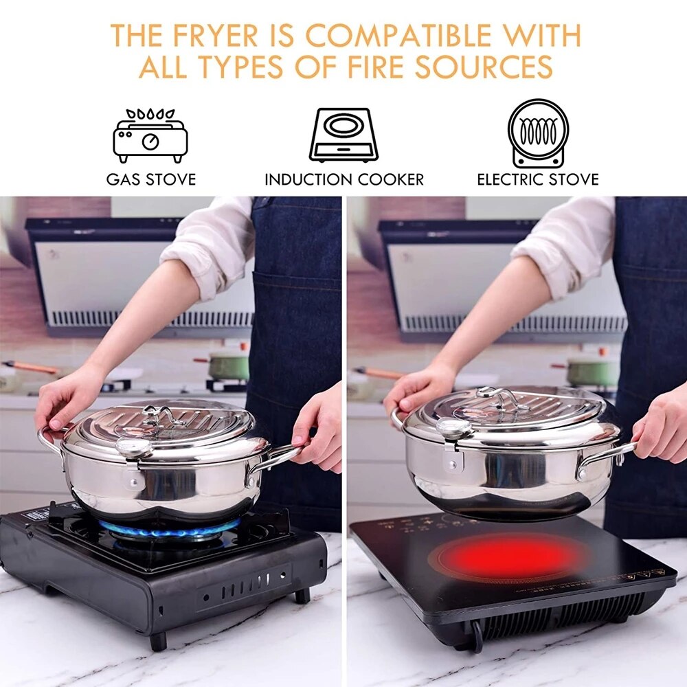 Fryer Pot with Thermometer Tempura Fryer Pan Kitchen Deep Frying Pot With Oil Drain Rack Kitchen Utensils Cookware