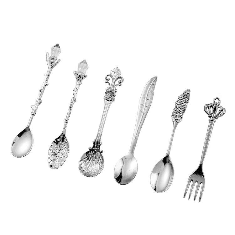 6Pcs Vintage Carved Retro Coffee Tea Spoons Set Mini Ice Cream Crystal Stirring Spoon Scoop Dessert Forks Mixing Sugar Spoon: Silver