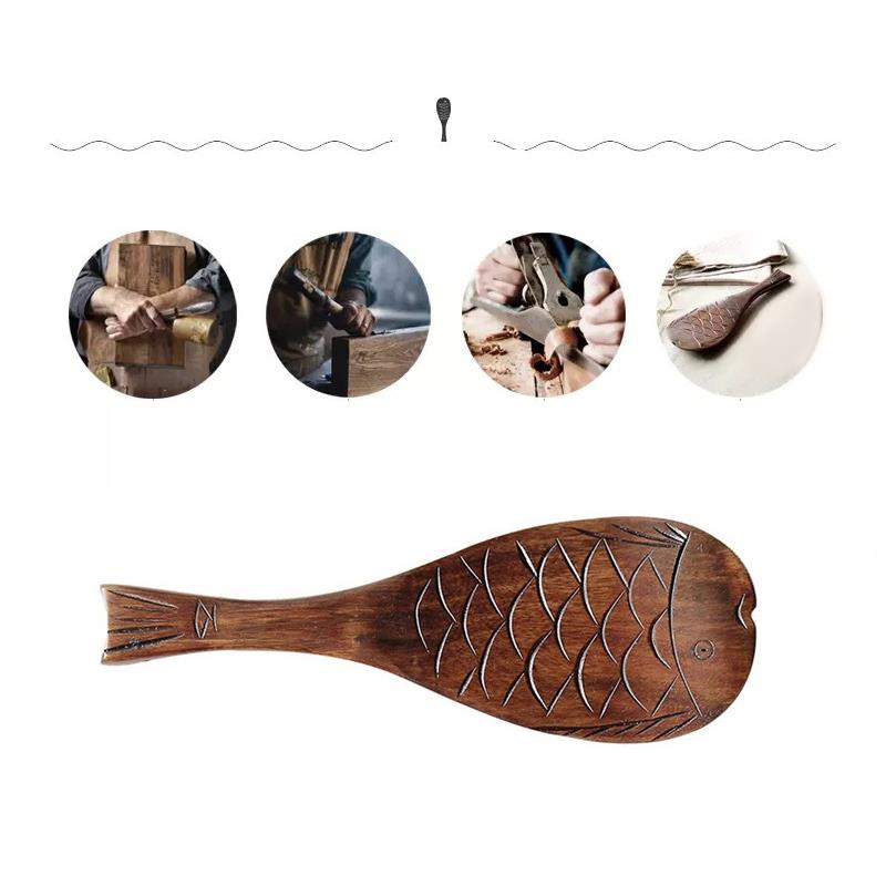 Cuchara de cocina de madera, cuchara de arroz de madera, tallada a mano, motivo de peces, cucharada de madera, utensilios de cocina de madera, vajilla