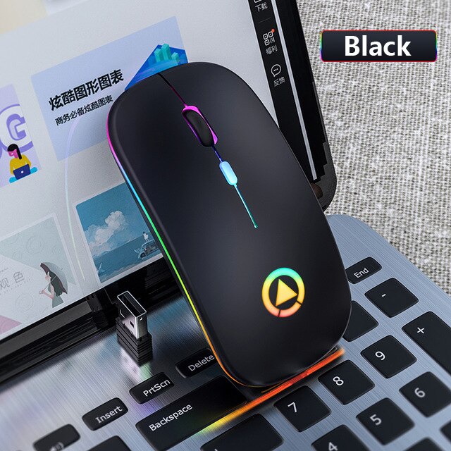Souris de jeu sans fil 2400 DPI rechargeable et réglable pour ordinateur, outil de jeu respirant pour PC portable, disponible 7 couleurs avec rétro-éclairage,: Black