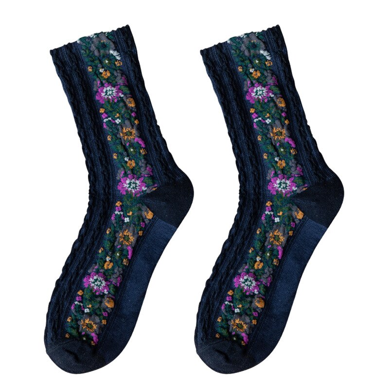 Calze da donna in stile etnico calze a tubo medio Jacquard Vintage ▾ calze da ricamo in cotone calze da donna per dormire a casa telecamera da letto femminile Sox: marina militare blu