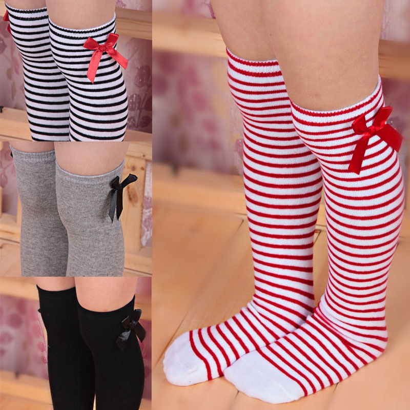 1 Pair Girls Kids Toddler Bow Knee High Socks Baby Girl Spring Autumn Sport Socks White Red Striped Princess Socks for 1-8 Years