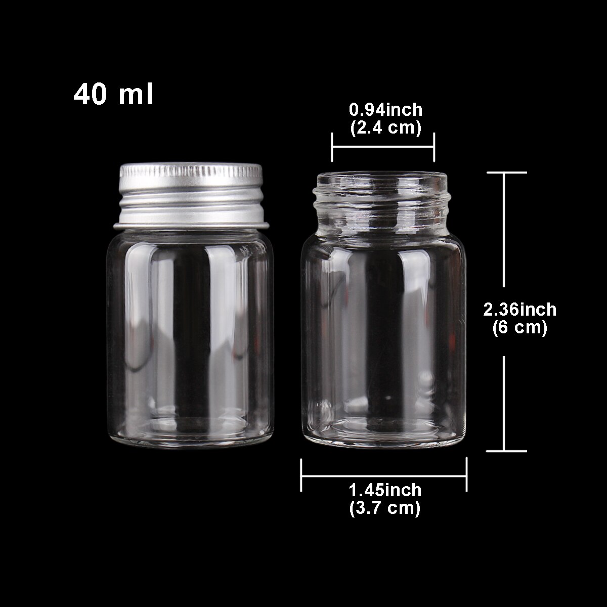 15pcs 20ml-150ml Glass Bottles with Aluminum Lids Diameter 37mm Candy Jars Pill Container 9 Sizes U-pick: 40ml