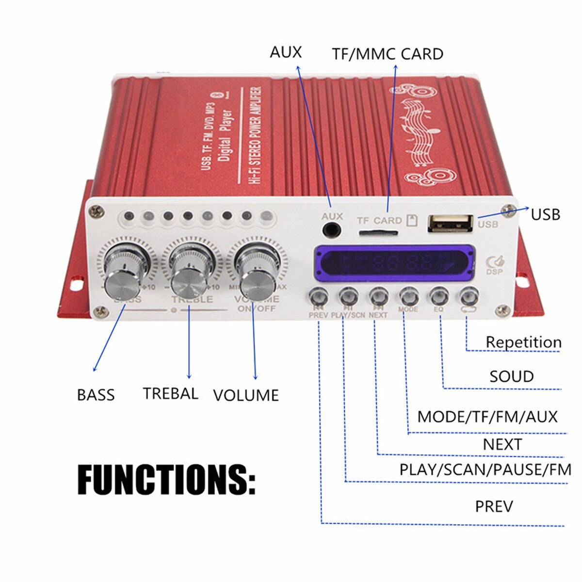 12V Auto Mini bluetooth Hi-Fi Stereo Amplifier Bass Booster Wireless bluetooth Amplifier Adjustable Subwoofer for Car Motorcycle