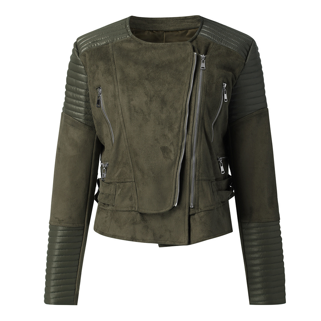 Jaqueta de couro feminina, couro vintage, com zíper, curta, simples, fina, casaco retrô, para motocicleta: Verde do exército / L