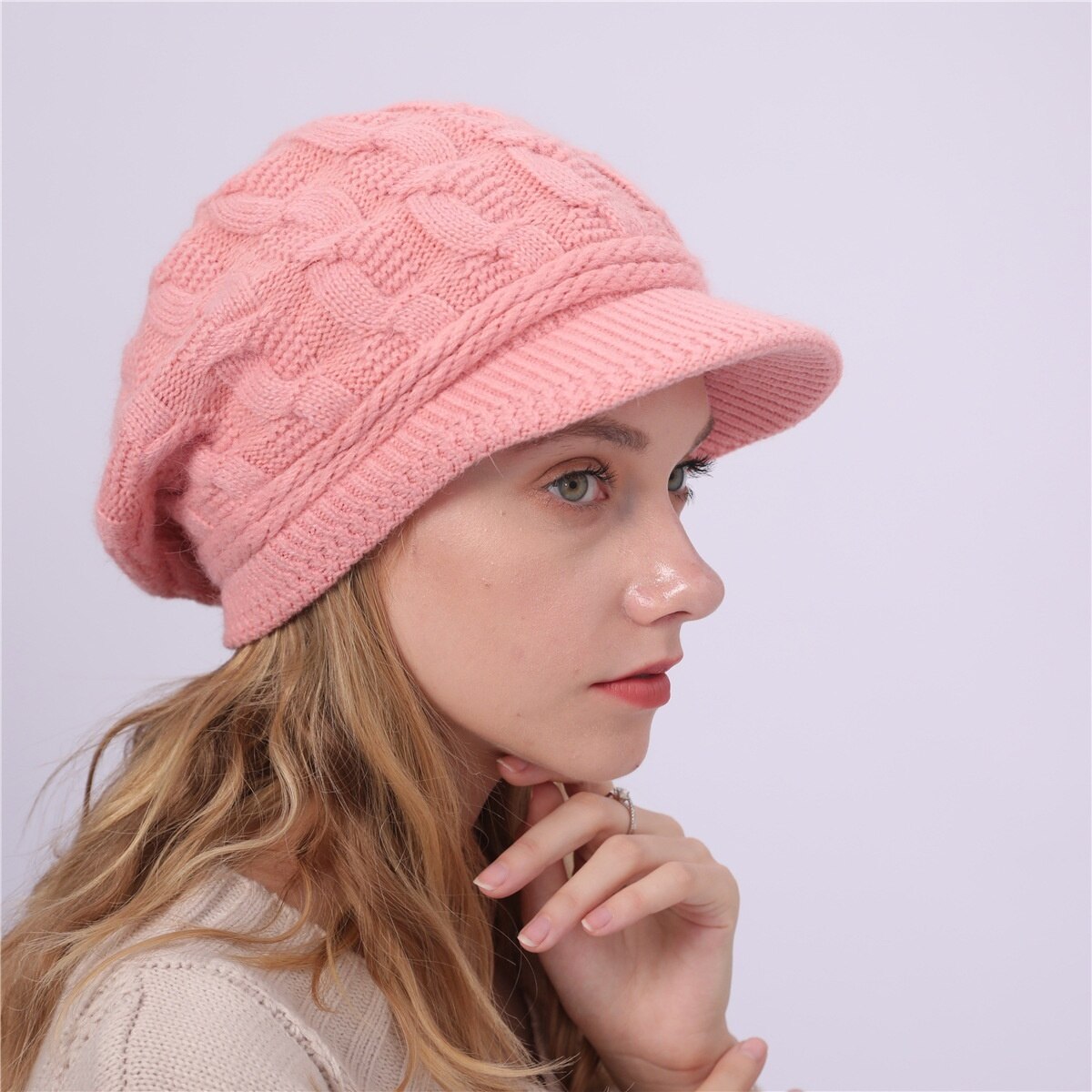 Color sólido más terciopelo lana 8 palabra Twist sombrero Otoño e Invierno de las mujeres de punto Cap: Rosa