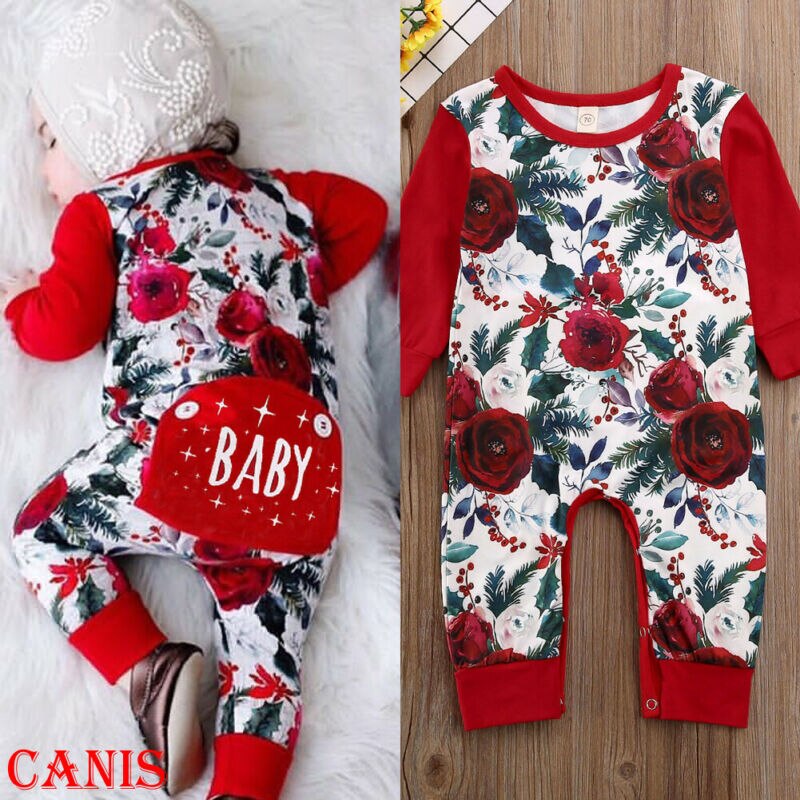 Kerst bloemen romper voor baby jongen en meisje peuter baby kinderen lange mouwen kerst bloemen print romper overall broek outfit kleding