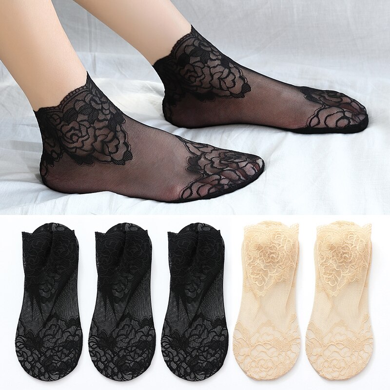 Calcetines tobilleros invisibles antideslizantes para mujer y niña, medias de malla de encaje con flores, elásticas, ultrafinas, 5 pares: 3Black 2Skin