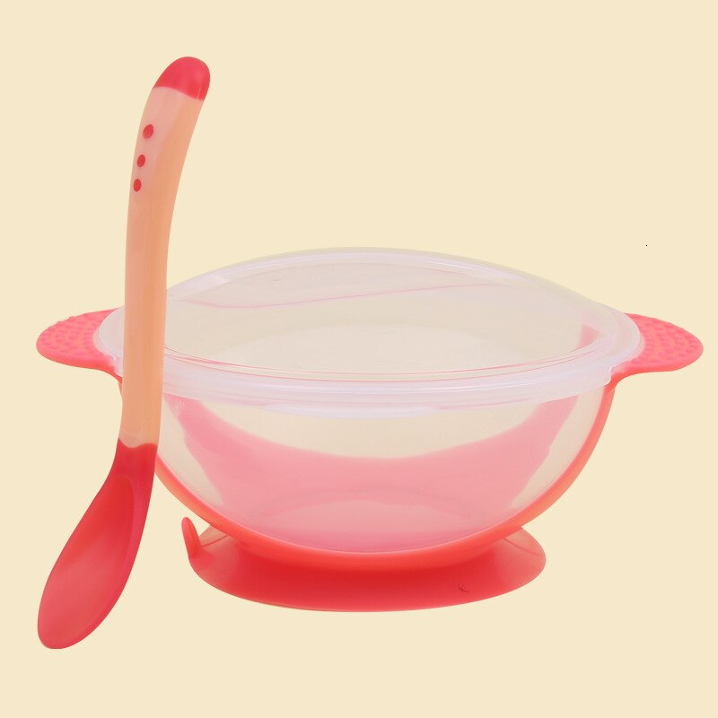 Baby Learning Dishes With Suction Cup Kids Safety Dinnerware Set Assist Bowl Temperature Sensing Spoon Fork Tableware: pink-lid-spoon